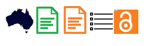 Five icons. Outline of Australia, one green document, one orange document, four black bullet points and horizontal lines, a white outline of an open padlock on an orange background