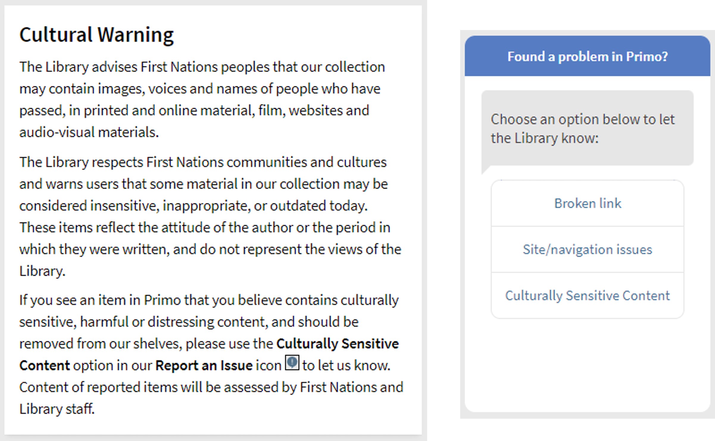 Screenshots of the Primo Search Cultural Warning and "Found a problem in Primo?" reporting option.
