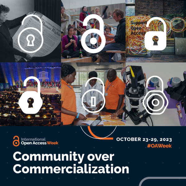 Poster promoting Open Access Week 2023 with the theme 'community over commercialisation'