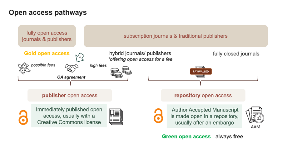 Infographic depicting the two pathways to open access: 1) publisher open access and 2) repository open access. Information explained in further detail in text. 