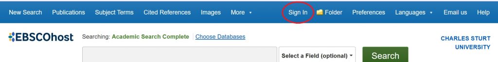 Screenshot of the Academic Search Complete database with a red circle indicating the 'Sign in' option in the top right of the screen.