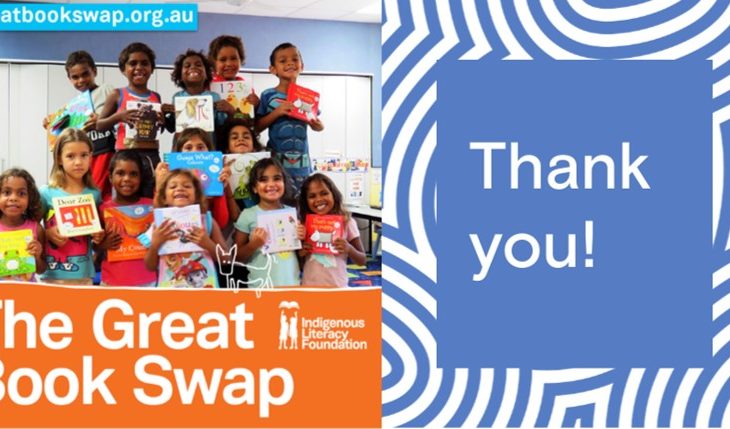 Great Book Swap 2025. Image of smiling children holding books, with the caption: "Thank you!"