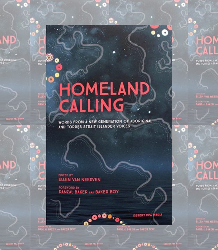Cover of Homeland Calling. Black with red writing, featuring First Nations artwork.