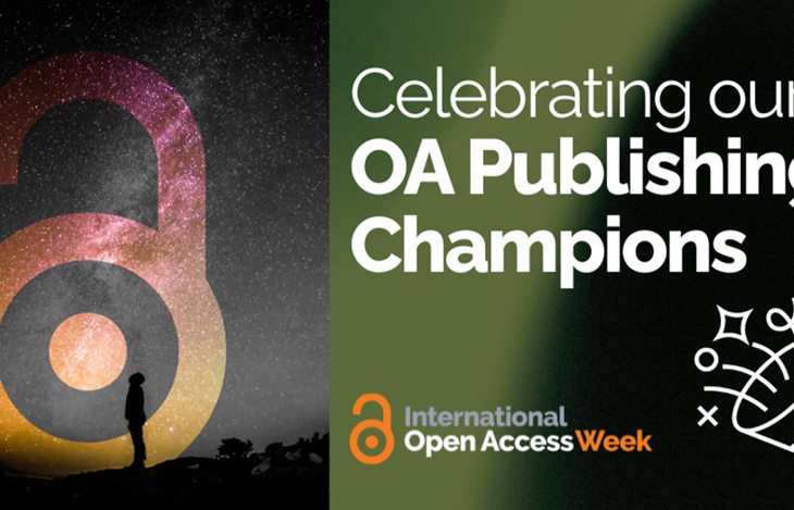 Image of a person gazing at a star filled night sky with the caption "Celebrating our OA Publishing Champions" for Open Access Week 2025.
