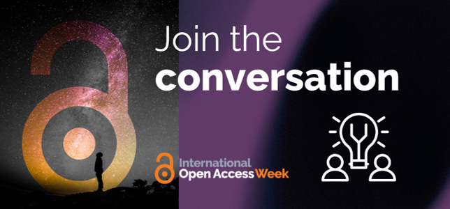 Image of a person gazing at a star filled night sky with the caption "Join the conversation" for Open Access Week 2025.