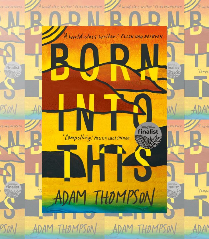 Cover of Born Into This. Yellow background with black, red, orange, green and blue artwork.