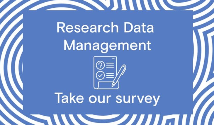 Research Data Management Take our survey. Blue graphic background.