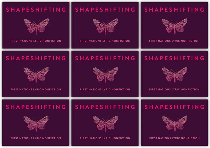 Dark burgundy book cover with bright pink title and pink ombre butterfly line drawing. Block of 9 identical Shapeshifting book cover images.