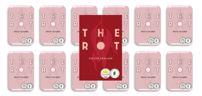 Book cover of The Rot by Evelyn Araluen, featuring a textured design of decaying branches and leaves in dark, earthy tones, designed by Jenna Lee. The title and author's name are integrated into this textured background. Two book award stickers are displayed on the bottom right hand corner of the cover.