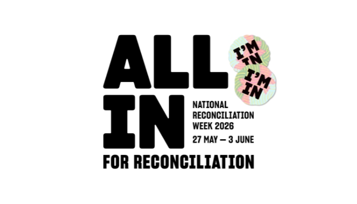Logo for National Reconciliation Week 2026. Text: All in for reconciliation. National Reconciliation week 2026 27 May - 3 June.